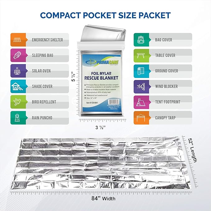 Primacare HB-10 Emergency Mylar Thermal Blankets – 10 Pack, 84" x 52", Silver – Reflective, Waterproof, Retains 90% Body Heat – for Survival, First Aid, Outdoors, Camping, EMS