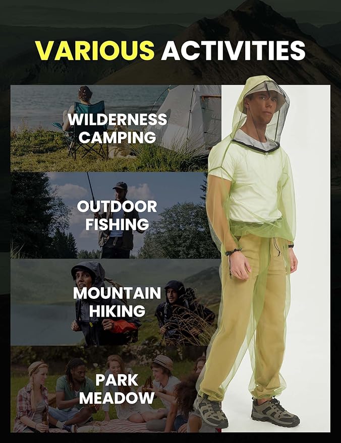 HENNCHEE Mosquito Suits for Adult, Mesh Net Bug Hooded Jacket Pant, Outdoor Full Body Protection Mosquito Proof Clothing