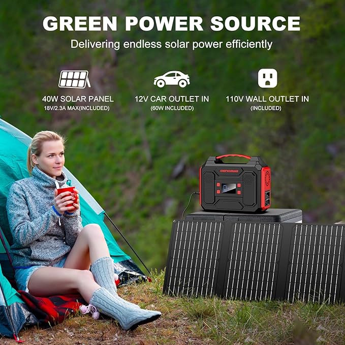 Solar Generator 300W, Portable Power Station with 40W Foldable Solar Panel, Big Power Bank with AC Outlet, Multi-Port with LED Flashlights for CPAP Home Outdoor Camping Hurricane Emergency
