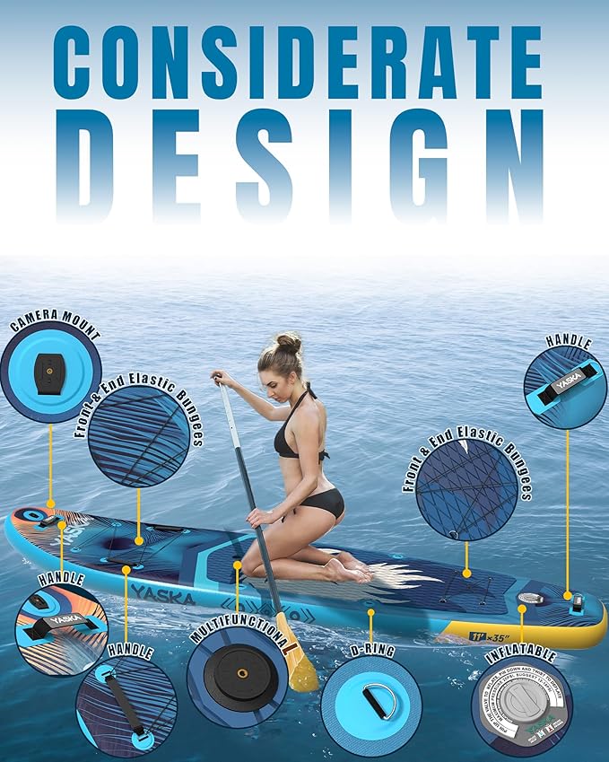 YASKA Inflatable Stand Up Paddle Board - 11ft Extra Wide Paddleboard with Premium SUP Board Accessories,Camera Mount,Non-Slip EVA Deck,5 Handles,Youth/Adult