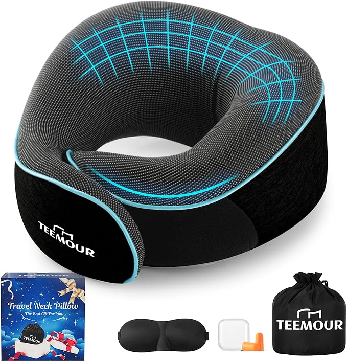 Upgraded Neck Pillow for Airplane Travel - 360° Support Stops Head Bobbing, Memory Foam Travel Pillow With Eye Mask & Earplugs, Portable Carry Bag for Long Flights/Car| Best Airplane Accessories Black