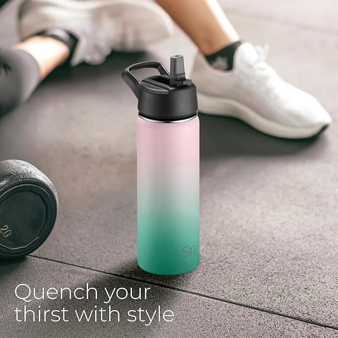 SipX™ Triple-Insulated Stainless Steel Water Bottle 18oz. With 3 Lids, BPA-Free Reusable Insulated Water Bottle Keeps Cold 24 Hours, (Gradiant Mint Pink)