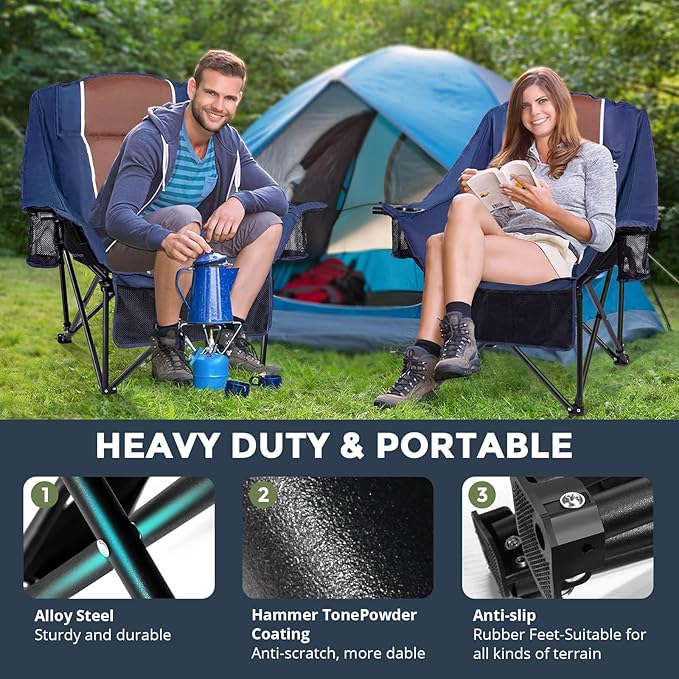Oversized Camping Chair for Large Adults Heavy Duty 400 lbs Capacity, Comfortable Padded Folding Lawn Chair with Back & Headrest Support and Cup Holder, Portable Outdoor Chair with Carry Bag
