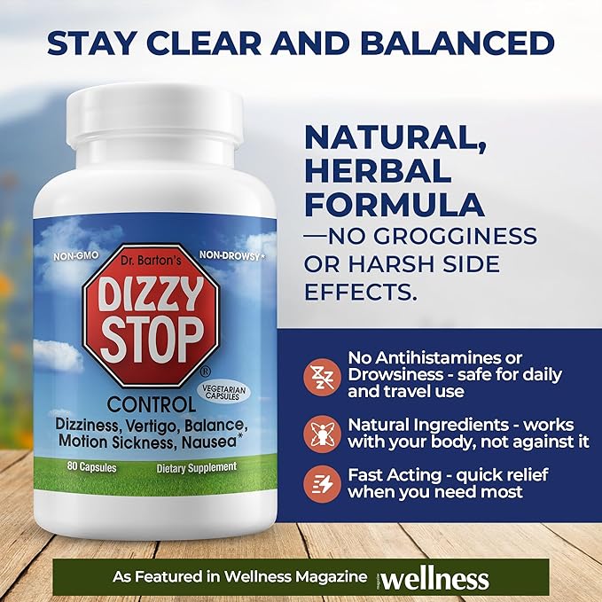 Vertigo Relief Product & Non‑Drowsy Motion Sickness Pills: Nausea and Dizziness, Ginger & Grape Seed Formula, Inner Ear Balance, Car, Cruise & Travel Essential, Stomach Support, Sea Sickness, 80‑Count