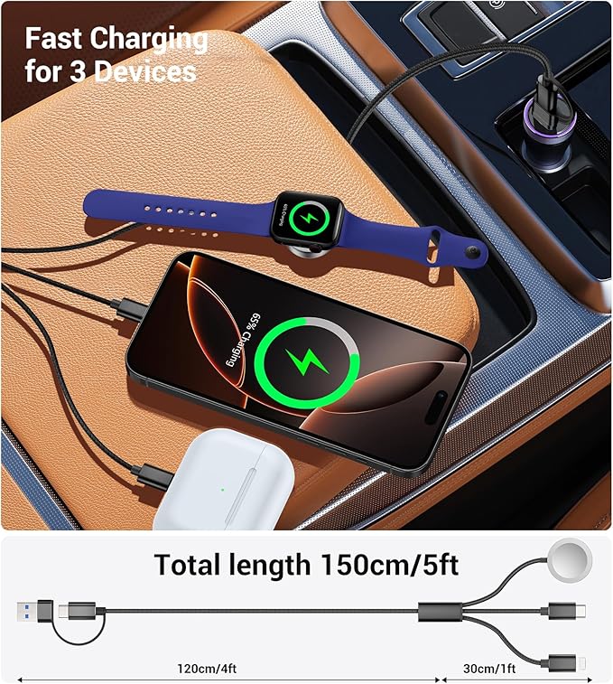 Temdan for Travel Vacation Essentials,3 in 2 USB C Cable for Apple Watch Charger/iPhone 17 Charger/Lightning,Multi Charging Cable Cord,Camping Essentials,Designed for iWatch &iPhone 16-12-5FT Black