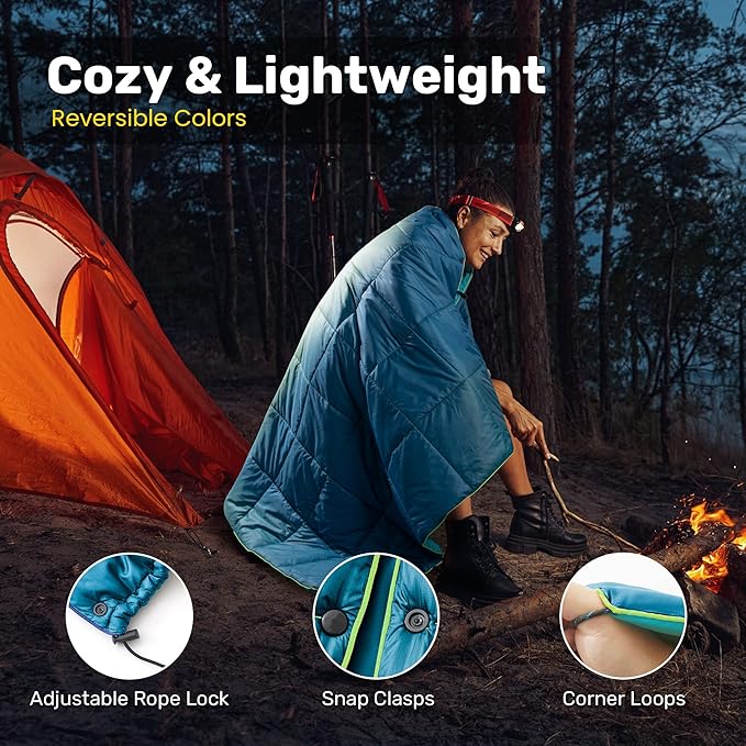 UNIKOME Outdoor Packable Camping Blanket, Lightweight Travel Blanket, Dual-Sides Waterproof Puffy Down Alternative Blanket with Snap Clasps, 75"×52", Lake Blue&Sky Blue