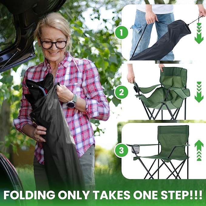 2 Pack Portable Camping Chairs Folding Lawn Chair Outdoor Lightweight Beach Chair with Cup Holder & Carry Bag for Outside Sports, Fishing, Hiking, Travel, Picnic, Backyard (Green)