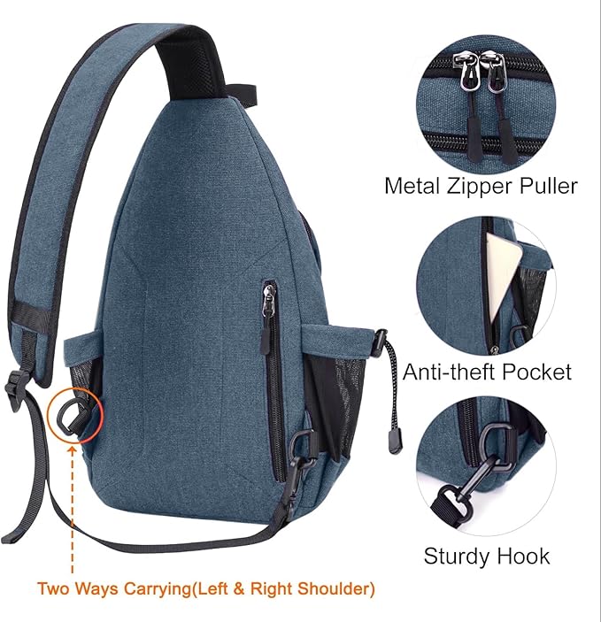 MOSISO Sling Backpack,Canvas Crossbody Hiking Daypack Bag with Anti-theft Pocket, Steel Blue