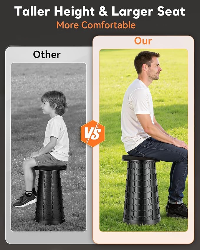 Collapsible Stool for Adults Adjustable Height - Portable Retractable Folding Camping Stool, Extra Tall and Wide Folding Chair, Heavy Duty Outdoor Essentials for Camping, Fishing, Waiting, Hunting