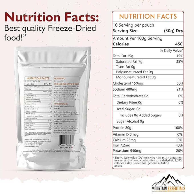 MOUNTAIN ESSENTIALS Freeze-Dried Ground Beef – Pre-Cooked and Ready-to-Eat Hamburger Meat | Everyday Meal Prep, Emergency Food Supply, Camping and Survival Food | 10 Servings per Pouch | Made in USA | 7-Year Shelf Life | Pack of 1