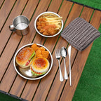 Lallisa Outdoor Camping Cookware Mess Kit Polished Stainless Steel Dishes Camping Utensils Portable Tableware with Plates Cups Spoons Forks Knives Mesh Bag for Backpacking Hiking