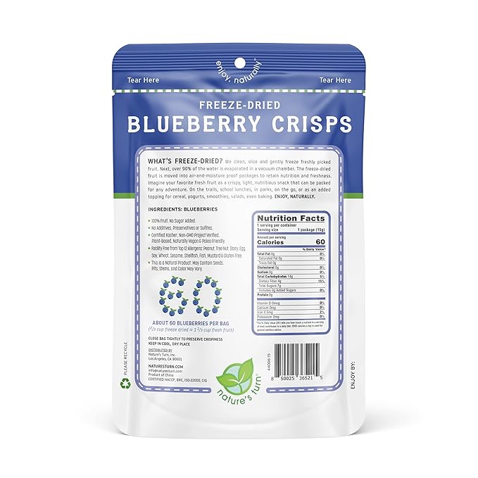 Nature’s Turn Freeze-Dried Blueberry Crisps – Healthy, Gluten-Free, Crispy & Delicious, Plant-Based Snack, Ideal for Cereal, Smoothies, School Lunches, & On-the-Go, Pack of 6 (0.53 oz Each)