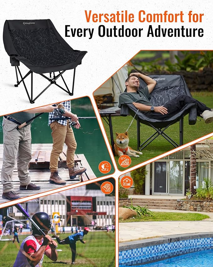 KingCamp Oversized XL Camping Chair, Heavy Duty 500lbs Folding Couch for Adults, Padded Large Comfortable Sofa Seat with Cooler Bag Cup Holder for Outdoor Sports Fishing Patio Lawn, Lava/Grey