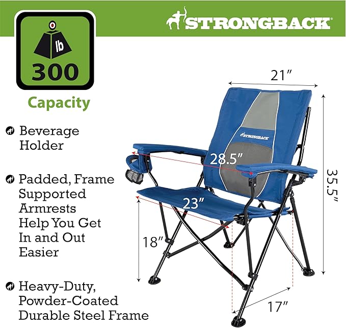 STRONGBACK Elite Folding Camping Lawn Lounge Chair Heavy Duty Camp Outdoor Seat with Lumbar Support and Portable Carry Bag - Navy/Grey