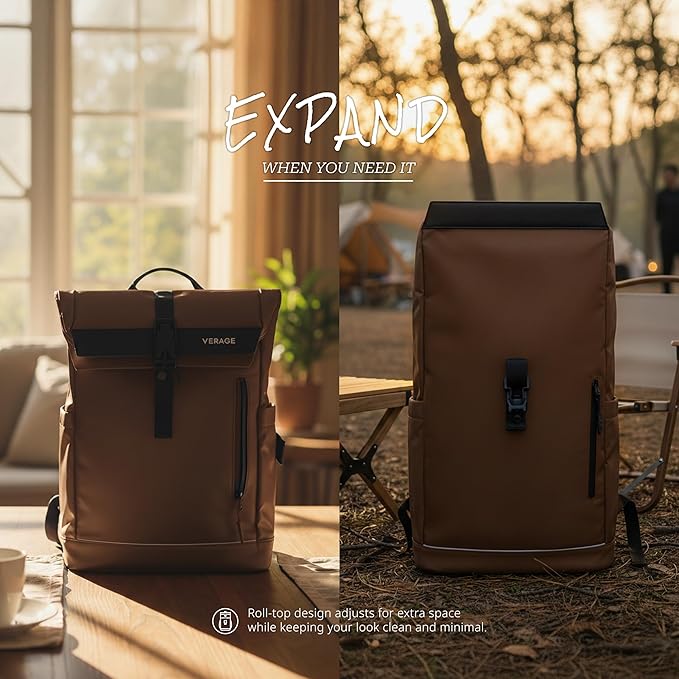 Verage Pulse 2-in-1 Roll Top Laptop Backpack 16″ with Detachable Everyday Sling Bag, Personal Item Size, Expandable Water-Resistant Travel Backpack for Airplane, Work & Daily Commute – Brown