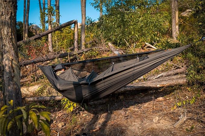 OneTigris KOMPOUND Camping Hammock with Net, Lightweight Portable Hammock with Warm Internal Cover & Tree Friendly Straps for Backpacking, Camping, Hiking, Travel, Beach, Backyard Od Green
