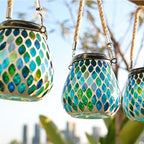 Cooo 2 Pack Mosaic Solar Lantern Outdoor Waterproof IP68 Hanging Projection Light Hidden Lid Pear-Shaped Lantern with Rope Handle Solar Powered Auto On for Patio Garden Fence Table - Azure Lattice