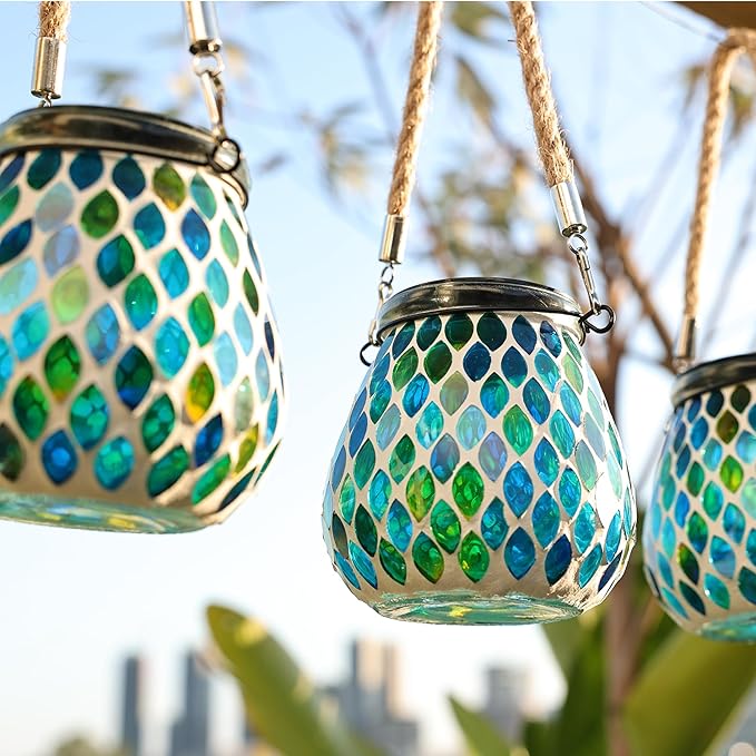 Cooo 4 Pack Mosaic Solar Lantern Outdoor Waterproof IP68 Hanging Projection Light Hidden Lid Pear-Shaped Lantern with Rope Handle Solar Powered Auto On for Patio Garden Fence Table - Azure Lattice