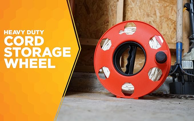 Woods Heavy Duty Cord Storage Wheel - Holds Up to 125 Feet of 16/3 or 110 Feet of 14/3 Gauge Cord - Tangle-Free Design for Extension Cords, Rope, or Hose - Orange/Black