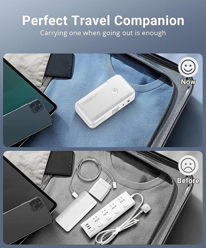 Portable Charger, Power Bank, 16000mAh Power Bank Built-in AC Wall Plug and Cables, PD 30W and QC4.0 Fast Charger for iPhone and Android Phones and Most Electronic Devices (White)