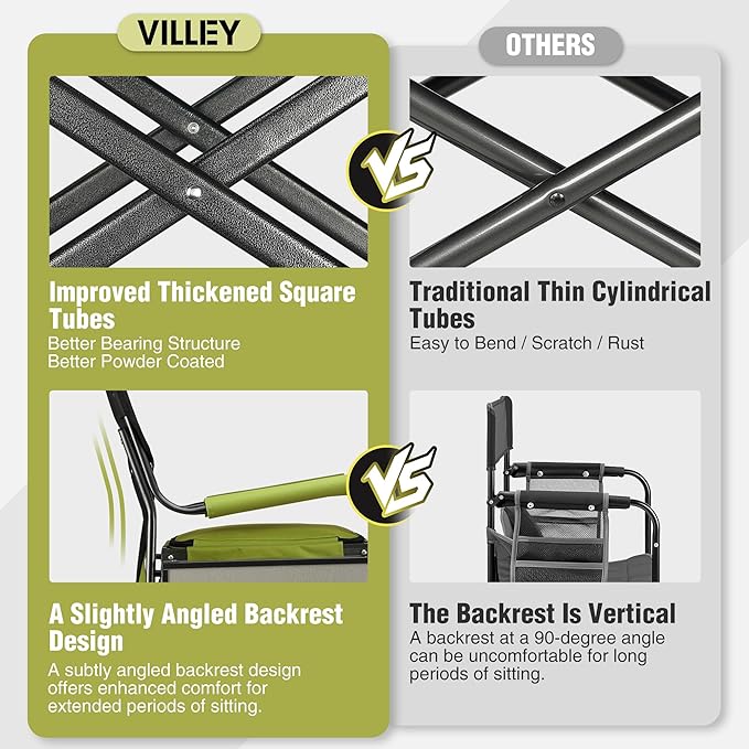 VILLEY Heavy Duty Directors Chair, Folding Camping Chairs, with Cooler Bag Portable Foldable Chair, for Camp Tailgating Lawn Picnic Fishing Beach, Supports 400 LBS, Green