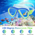 Snorkeling Gear for Kids Ages 5-15, 4 in 1 Mask Fins Snorkel Set with HD Tempered Glass Panoramic View Anti-Fog Mask, Dry Top Snorkel, Adjustable Trek Fins, and Mesh Bag, Kids Snorkel Set for Youth