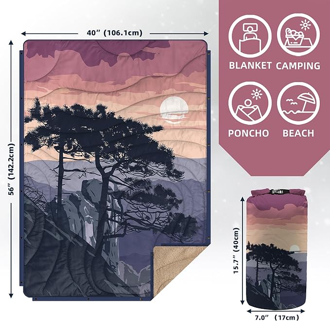 Outdoor Camping Blanket with Sherpa Lining, Extra Warm Thick Camp Blankets and Puffy Ultralight Soft Poncho DWR Camping Quilt for Cold Weather, Adventure, Sleeping, Backpacking 56"x 40"