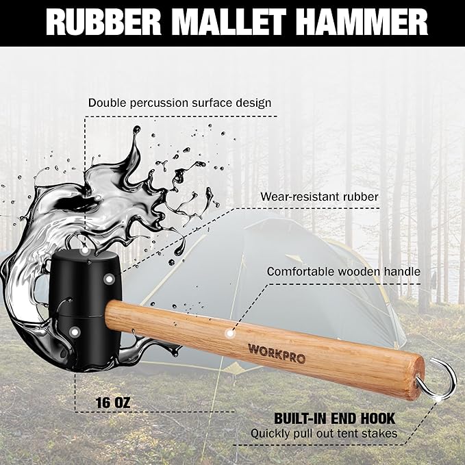 WORKPRO Tent Stakes and Hammer Set, 16oz Rubber Mallet Hammer, Wooden Handle, 10PC Heavy Duty Metal Tent Stakes and Storage Bag, DIY Woodworking, Camping Accessories for Ground, Camp and Garden