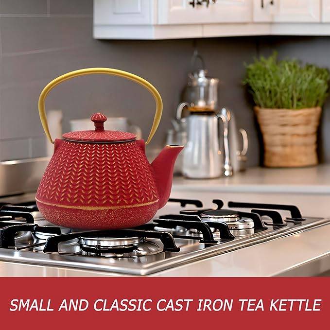 Small Cast Iron Tea Kettle for Stovetop Safe, Red Tea Pot Coated with Enameled Interior, Durable Teapot with Stainless Steel Infuser for Loose Leaf (1000ml/34oz)