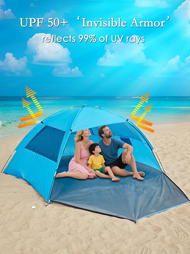 Easy Set-Up Beach Tent - UPF 50+ Sun Shelter for Family (2-3 Person), Portable Instant Sun Shade with 3 Mesh Windows, Windproof Stakes & Storage Pockets, for Beach, Camping, Picnics