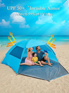 Easy Set-Up Beach Tent - UPF 50+ Sun Shelter for Family (2-3 Person), Portable Instant Sun Shade with 3 Mesh Windows, Windproof Stakes & Storage Pockets, for Beach, Camping, Picnics