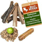 18 LB. Applewood Cooking Firewood Log & 1 LB. 100% Natural Apple Wood Chips Flavor by Billy Bucksin Co., Fatwood Fire Starter Stick Included for Outdoor Cooking, Smoking, Grilling, Camping & Fire Pit
