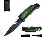 ALBATROSS Professional 6-in-1 Tactical Folding Knife - Survival Multi-Tool with LED Flashlight, Glass Breaker, Fire Starter, Seatbelt cutter - EDC Pocket Knife for Camping, Hunting & Emergency (Green)