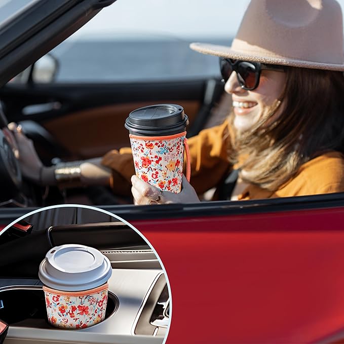 KJQJLY 3 Pack Reusable Iced Coffee Sleeves for Iced Coffee Cups or Drinks Reusable Neoprene Insulated Sleeves for Hot and Cold Drinks from Starbucks, Dunkin, And More (Light orange floral)