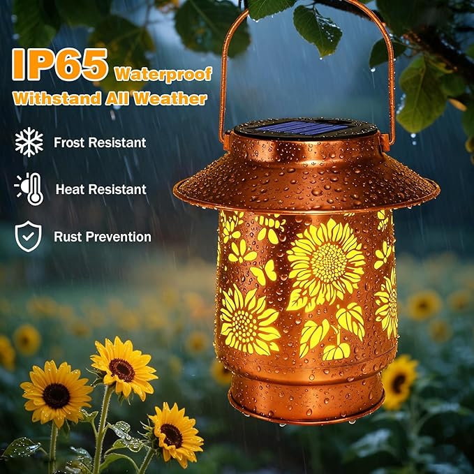 Sunflower Solar Lanterns Outdoor Waterproof Brim,Garden Decor Birthday Gifts for Women Mom Grandma,Metal Hanging Solar Lights Outside Decorative for Yard Patio Backyard Pathway