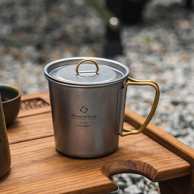 Titanium Mug, 250ml Camping Coffee Mug Water Cup with Foldable Handle Outdoor Cup for Backpacking Hiking Cooking