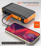Solar Power Bank 20000mAh Built in Hand Crank and 4 Cables 22.5W Fast Charge Power Bank 5 Outputs & 5 Inputs Solar Portable Charger, SOS/Strobe/Strong Flashlights, Carabiner (Orange)