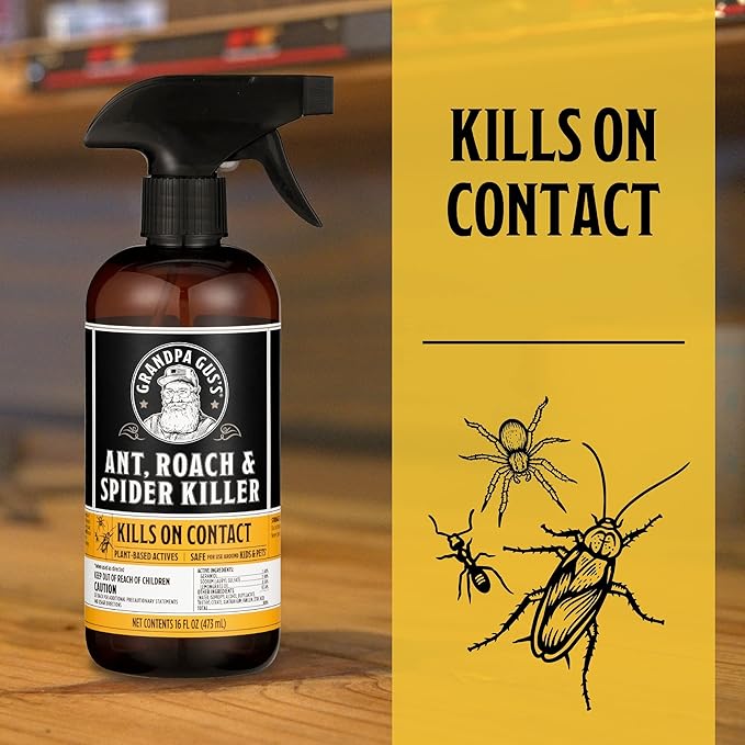 Grandpa Gus's Natural Ant Roach Spider Killer Spray, Fast-Acting Plant-Based Insect Control, Safe for Kids Pets, Indoor Outdoor Use, Non-Greasy, Fresh Scent, 16 fl oz