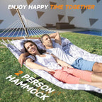 2 Person Outdoor Hammock with Stand, Cotton Rope Hammock with Polyester Pad, Adjustable Steel Frame, Portable with Carrying Bag – for Patio, Backyard, Garden, Beach, White-Gray
