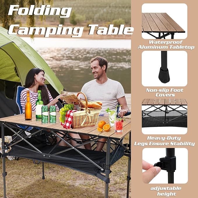 Aluminum Folding Camp Table w/Storage Bag, Roll Up Surface Portable Camping Table Height Adjustable Outdoor Indoor Use for Camping Picnic BBQ Backyard