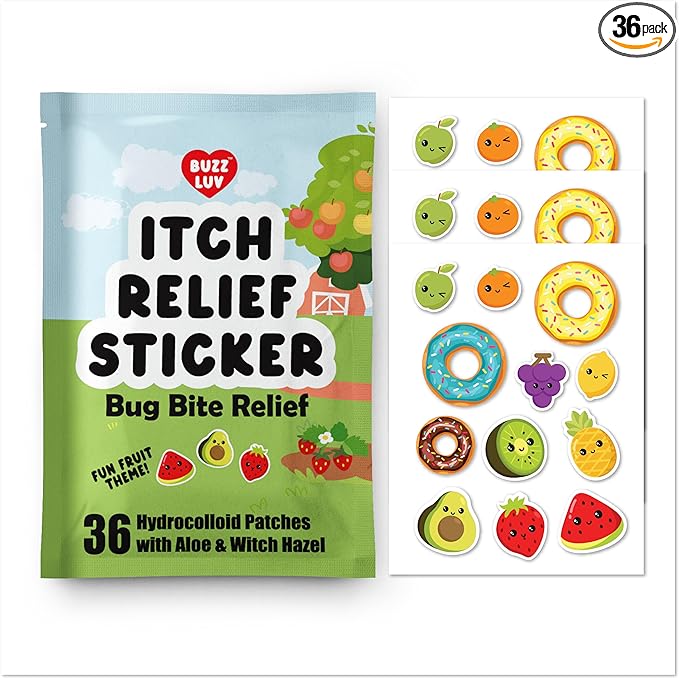 Hydrocolloid Itch Relief Patch, for Mosquitos, Ticks, Midges, Sandflies Bug bite Relief, Anti-Itch Patch with Aloe and Witch Hazel, Insect bite Relief, Kid-Friendly, Natural Fruit Theme