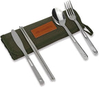 13 Piece Stainless Steel Family Cutlery Picnic Utensil Set with Travel Case for Camping | Hiking | BBQs - Includes Forks | Spoons | Knifes | Chopstick, Plus Nylon Commuter Case (Green)