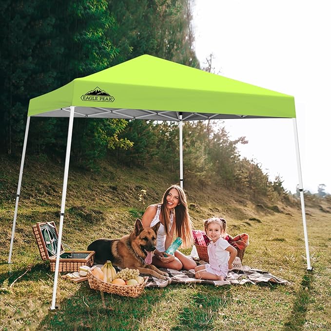 EAGLE PEAK 10x10 Slant Leg Pop-up Canopy Tent Easy One Person Setup Instant Outdoor Beach Canopy Folding Portable Sports Shelter 10x10 Base 8x8 Top (Fluorescent Green)