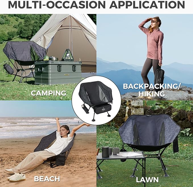 ATEPA UFO3.0 Backpacking Camping Chair, Ultralight Extra Wide Comfortable Folding Chairs 330lbs Heavy Duty Portable Hexagon Ergonomic Height Adjustable Seat with Anti-Sinking Feet for Hiking, Black