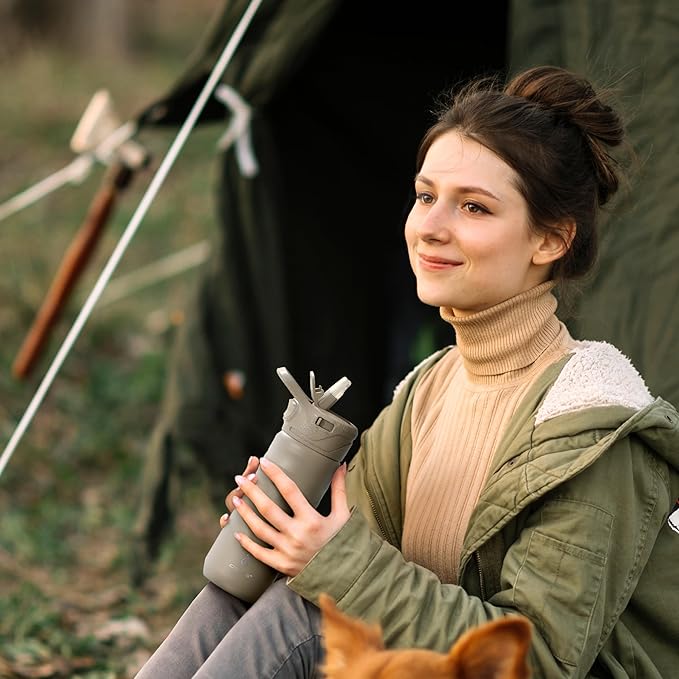 IDEUS Insulated Stainless Steel Water Bottle with 2 Leak-Proof Lids, Thermal Water Flask for Hiking Biking, 18oz, Celadon