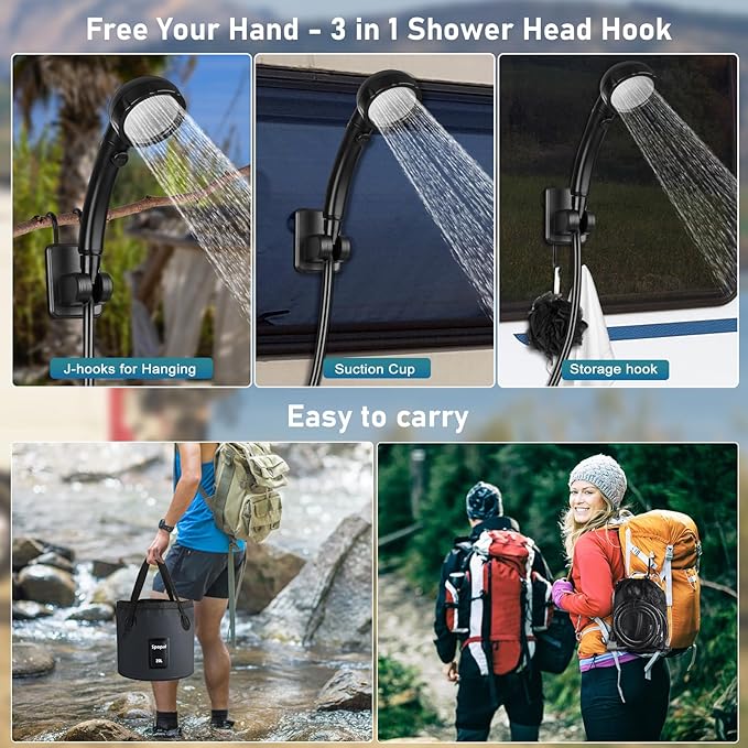 Portable Shower for Camping, Rechargeable Camping Shower with Collapsible Bucket with Handle 20L Intelligent LED Display, 4 Spray Modes, Outdoor Shower Kit for Hiking, Travel, Car, Pet 【Black】
