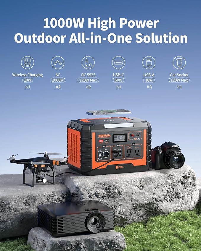 EBL Portable Power Station 1000W, 999Wh Solar Generator 2000W Peak, AC/Wireless Charging/60W USB-C Output, Lithium Battery for Emergency, Home Backup, Camping, RV, Off-Grid Living