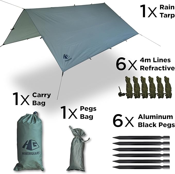Camping Tarp 10x10 ft (3x3 m) Waterproof Lightweight Rain Fly - Backpacking, Hammock Shelter, Emergency Survival Tent, Durable, Compact All-Weather Cover