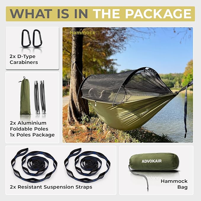 ADVOKAIR Camping Hammock with Mosquito Net Up to 500lbs, Ultralight and Portable Nylon Travel Hanging Hammock with Tree Straps, Perfect for Outside, Backpacking, Hiking and Backyard