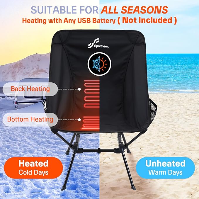 Sportneer Heated Chairs Outdoor Sports: Heated Camping Chair with USB Plug & 3 Heating Levels - Portable & Compact Heated Chair for Backpacking, Camping, Lawn, Picnic, Travel (Power Bank Not Included)